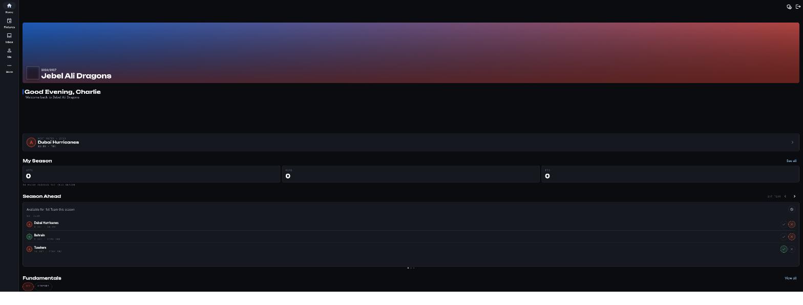 The club home screen, showing the next match and season-ahead availability.